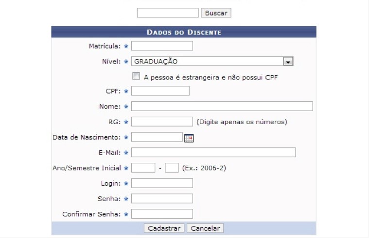 Tela de cadastro de discente no SIGAA