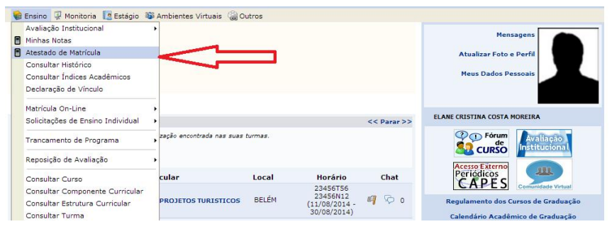 Menu Ensino do SIGAA com a opção Atestado de Matrícula