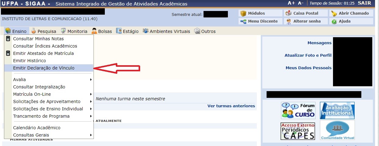 Menu Ensino do SIGAA com a opção Declaração de Vínculo
